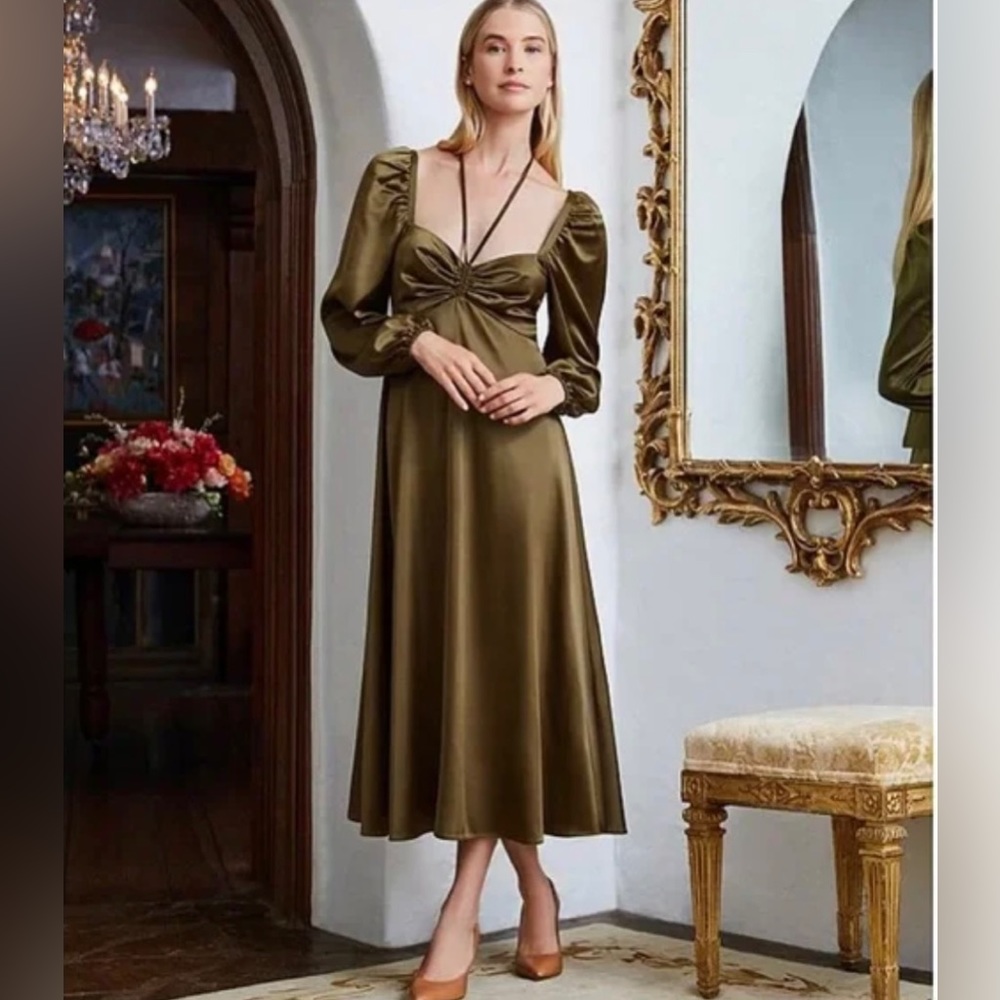 Antonio Melani Long Blouson Sleeve Ruched Satin Midi Dress - NWT